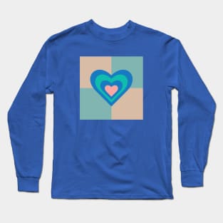 LOVE HEARTS CHECKERBOARD Retro Alt Valentines in Royal Blue Turquoise Pink on Beige Aqua Geometric Grid - UnBlink Studio by Jackie Tahara Long Sleeve T-Shirt